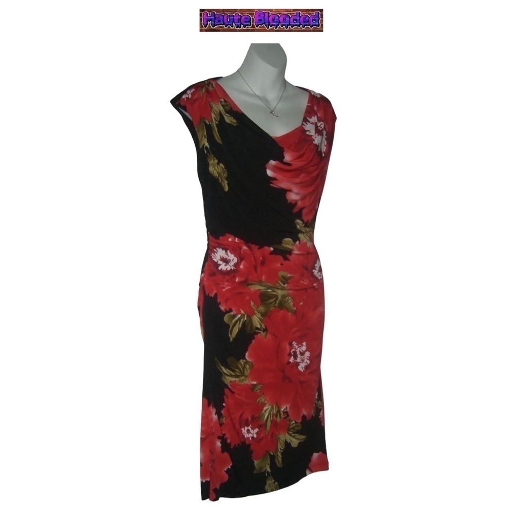Vintage 90's Dressbarn Dress LBD Red Flower Floral Print Summer Ruched y2k Sz 6 - Picture 2 of 10